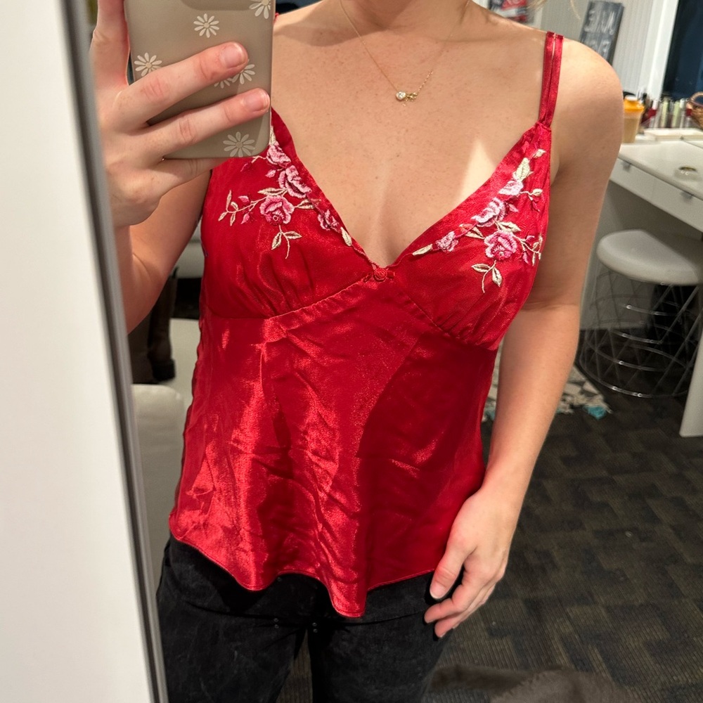 Lingerie red silky floral tank top 
Size medium (fits large)